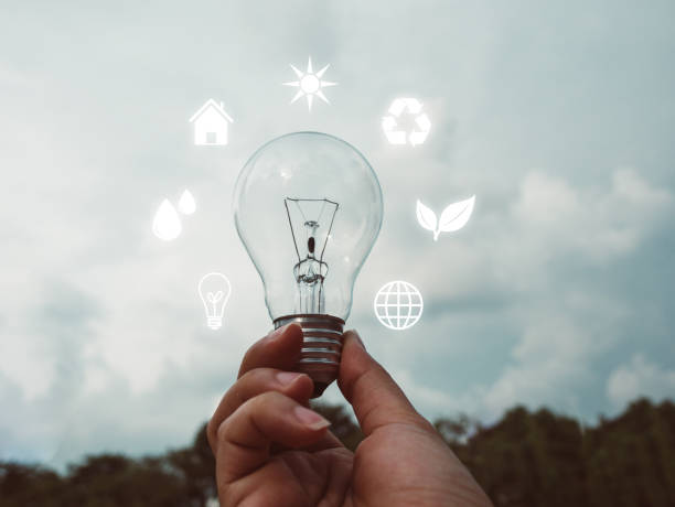 istock Concept save energy efficiency. Hand holding light bulb with icon on blurred tree and sky background 1056791086