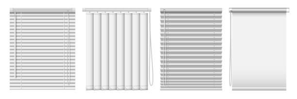 Set of horizontal and vertical window blinds. Vector realistic illustration horizontal blind curtains. Set of horizontal, vertical window blinds and roll. Vector realistic illustration horizontal blind curtains. Blinds stock illustrations