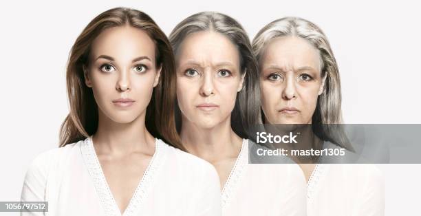 Comparison Portrait Of Beautiful Woman With Problem And Clean Skin Aging And Youth Concept Stock Photo - Download Image Now