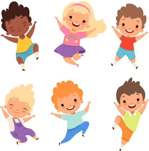 Jumping kids. Happy school children smile laugh boys and girls playing vector cartoon characters Jumping kids. Happy school children smile laugh boys and girls playing vector cartoon characters. Illustration of happy cartoon school boy and girl happiness drawings stock illustrations