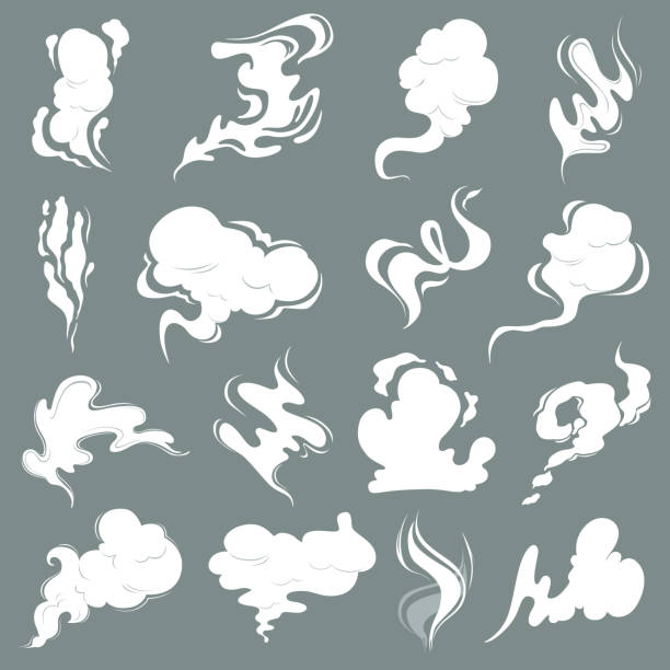 Steam clouds. Cartoon dust smoke smell vfx explosion vapour storm vector pictures isolated Steam clouds. Cartoon dust smoke smell vfx explosion vapour storm vector pictures isolated. Smoke steam, vapour and smell, vapor cloud, aroma perfume illustration gasoline illustrations stock illustrations