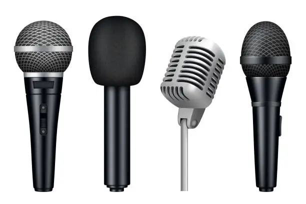 Vector illustration of Microphones 3d. Music studio misc mic equipment vector realistic pictures of vintage style microphones isolated