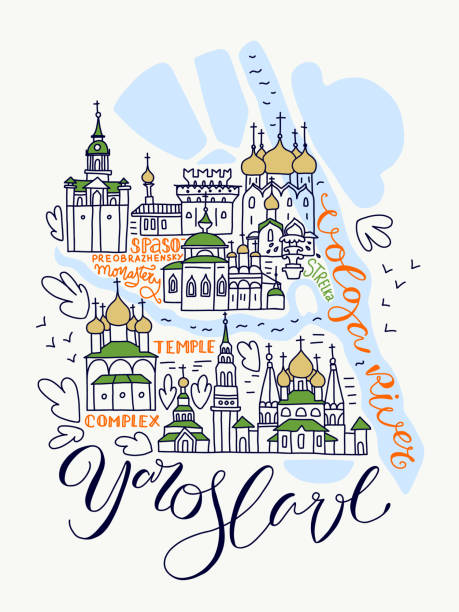 illustrazioni stock, clip art, cartoni animati e icone di tendenza di mappa di yaroslavl doddle - yaroslavl russia religion church