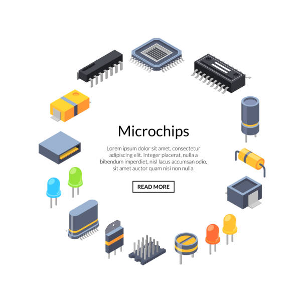 Vector isometric microchips and electronic parts icons Vector isometric microchips and electronic parts icons in circle shape with place for text illustration semiconductor stock illustrations