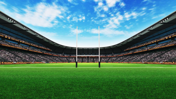 rugby stadium building with green grass at daylight - grass area flash imagens e fotografias de stock