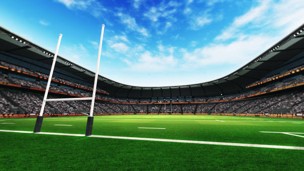 istock rugby stadium with green grass at daylight 1056806582