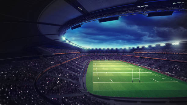rugby stadium with fans under roof with spotlights sport theme three dimensional render illustration rugby stock pictures, royalty-free photos & images