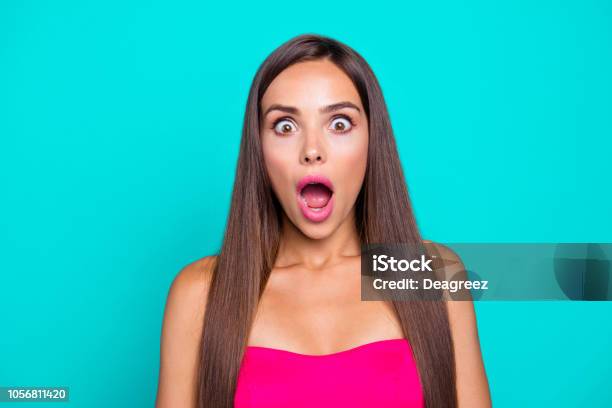 Oh No No Way Close Up Studio Photo Portrait Of Pretty Fancy Trendy Modern Charming Cute With Open Mouth Woman With Long Straight Hairstyle Isolated On Bright Blue Background Stock Photo - Download Image Now