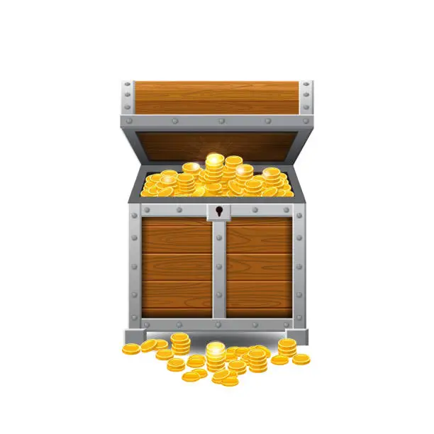 Vector illustration of Wooden old pirate chests, full of treasures, gold coins, treasures, vector, cartoon style, illustration, isolated. For games, advertising applications