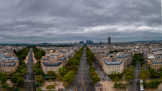 Paris, France - August 15, 2018 : Panoramic view of La defense with Paris from Arc de Triomphe de l'Etoile