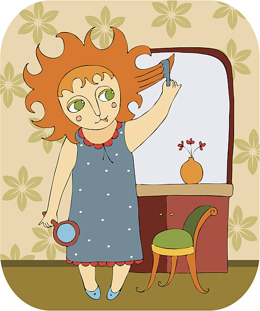 girl in room The little girl brushes the hair in the morning human hair comb combing cartoon stock illustrations