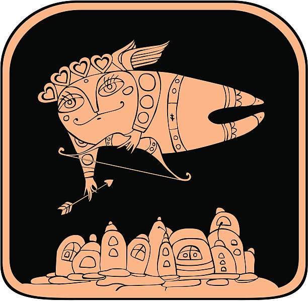 cupid over city The lovely cupid flies over a city with a love arrow clip art of a cupid free stock illustrations