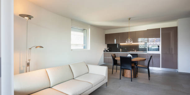 istock Modern apartament, living room and kitchen in open space 1056817650