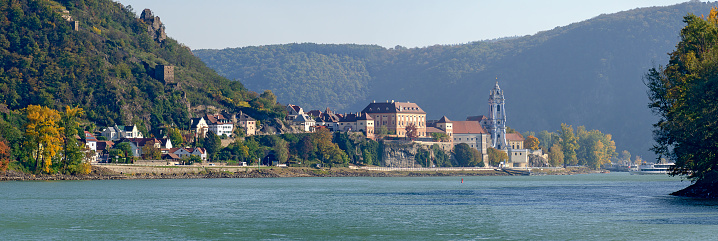 panoramic view of the Danube valley at the little town of Duernstein in the so called Wachau, Austria