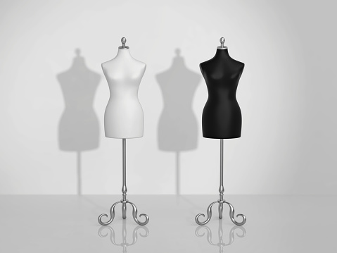 Two vintage mannequins, white and black. 3D rendering