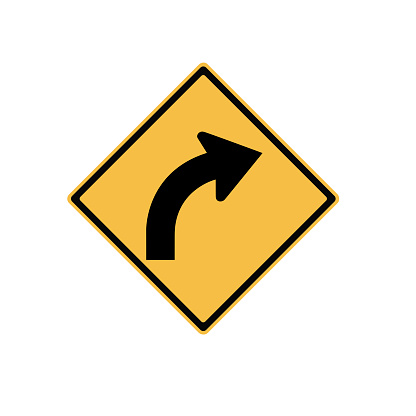 Yellow and black direction road sign turn right isolated on white background created in photoshop