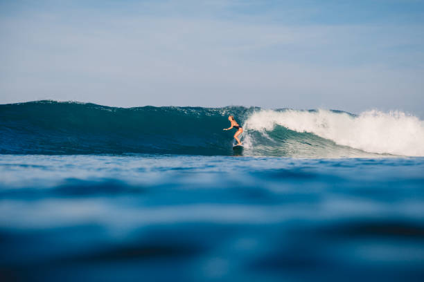 istock Surfer girl ride on perfect ocean wave. 1056825884