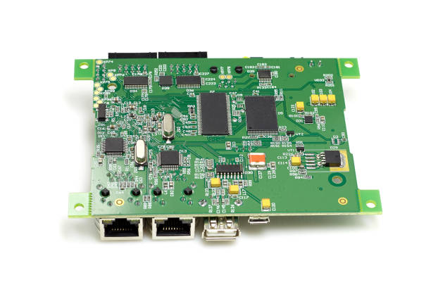 istock Electronic printed circuit board with chips and other components, green color, back side, isolated on white background 1056826628
