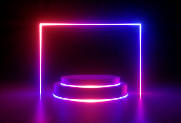 istock 3d render, neon light, glowing lines, ultraviolet, stage, square portal, arch, pedestal, virtual reality, abstract background, round portal, arch, red blue spectrum, vibrant colors, laser show 1056828932