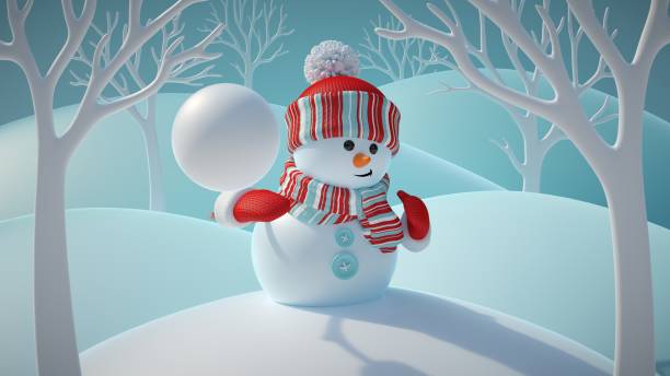 3d render, cute funny snowman wearing red hat and scarf, throwing snowball, standing in snowy forest, winter christmas background, new year greeting card, festive character - scarf hat green glove imagens e fotografias de stock