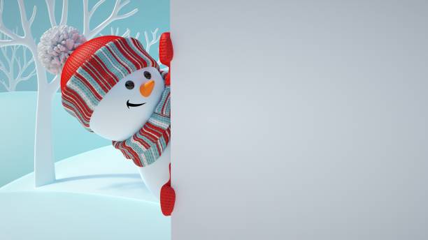 3d render, cute snowman, playing hide and seek, looking out the corner, holding blank banner, white page, Christmas background, New Year, greeting card template, space for text, winter landscape render 3d, muñeco de nieve lindo, jugando ocultar y buscar, mirando hacia fuera de la esquina, sosteniendo la bandera en blanco, página en blanco, fondo de navidad, año nuevo, plantilla tarjeta, espacio para texto del saludo invierno paisaje