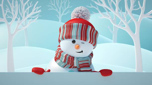 istock 3d render, cute snowman blinking, smiling, looking at camera, holding blank banner, behind white page, Christmas background, New Year, greeting card, space for text, winter landscape 1056829104