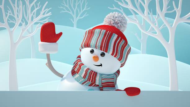istock 3d render, cute snowman, smiling, waving hand, looking aside, holding blank banner, white page, Christmas background, New Year, greeting card, space for text, winter landscape 1056829124