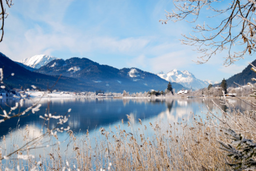 Lake Weissensee in Austrian Alps in winter with scenic reflection