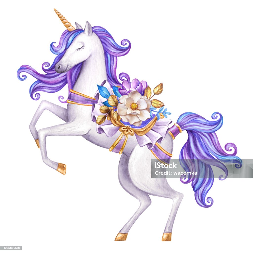 Watercolor White Unicorn Illustration Fairy Tale Creature Violet Curly Hair  Mythical Animal Clip Art Isolated On White Background Stock Illustration -  Download Image Now - iStock