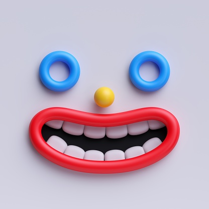 3d render, cartoon smiley face icon, happy, simple emoticon, character illustration, crazy clown toy