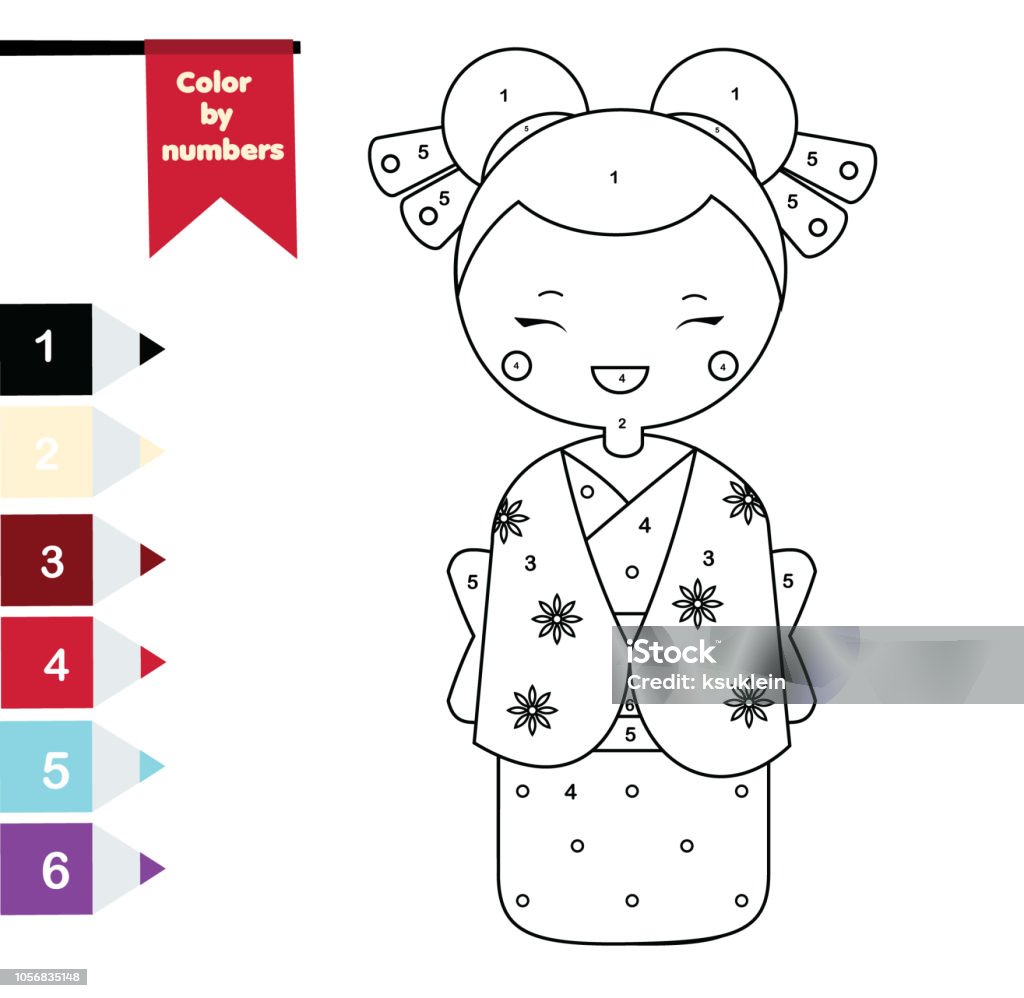 Coloring Page for kids. Color by numbers japanese girl in kimono Children educational game. Coloring page with japanese girl in kimono. Color by numbers, printable activity, worksheet for toddlers and pre school age Baby - Human Age stock vector