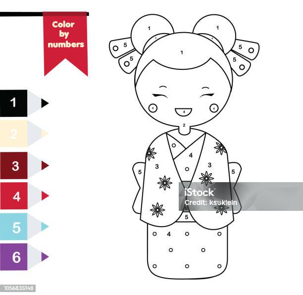 Coloring Page For Kids Color By Numbers Japanese Girl In Kimono Stock Illustration - Download Image Now