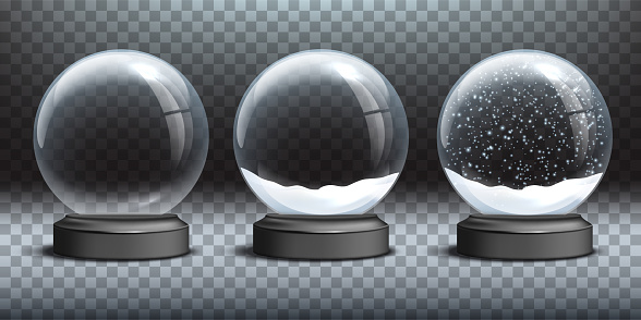 Snow globe templates. Empty glass snow globe and snow globes with snow on transparent background. Vector Christmas and New Year design elements