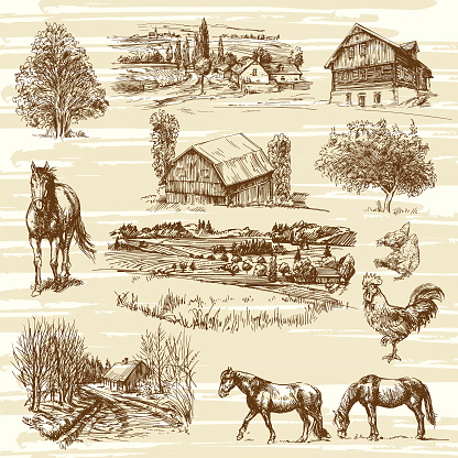 Romantic landscapes with rural houses and various animals, hand drawn collection