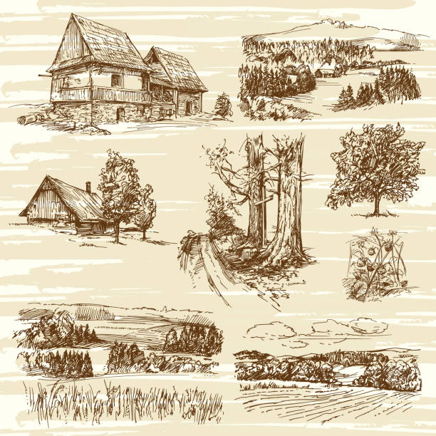 сельский ландшафт и дома - sketch landscape mountain barn stock illustrations