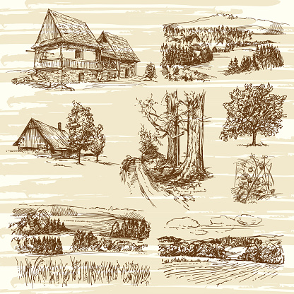Rural landscape and houses, hand drawn collection