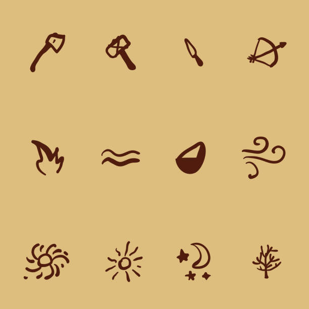 Vector Set of Icons in Cave Drawings Style. Tools and Nature Elements. Vector Set of Icons in Cave Drawings Style. Tools and Nature Elements. Primitive Art Illustrations. paleo stock illustrations