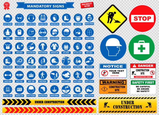 ilustraciones, imágenes clip art, dibujos animados e iconos de stock de señales obligatorias, salud de la construcción, seguridad firmen utilizado en aplicaciones industriales - safety sign protective workwear factory