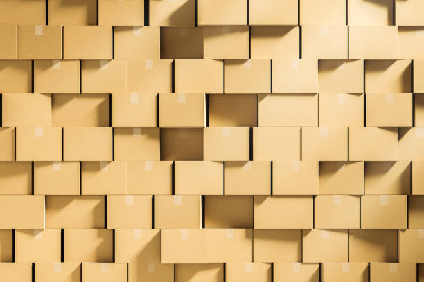 Wall of closed cardboard boxes stacked mock up Wall made of closed cardboard boxes stacked in chaos. Concept of delivering goods, consumerism and overproduction. 3d rendering mock up cardboard house stock pictures, royalty-free photos & images