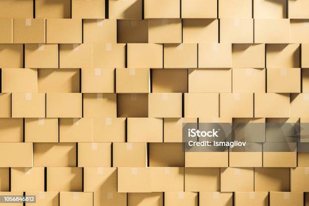 Wall Of Closed Cardboard Boxes Stacked Mock Up Stock Photo - Download Image Now - Box - Container, Stack, Cardboard