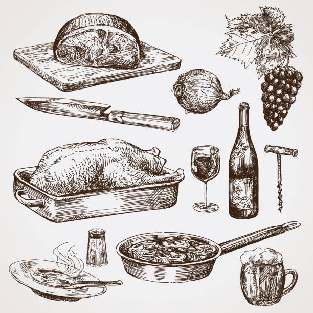 큰 컬렉션의 손으로 그려진된 음식 - 고기 일러스트 stock illustrations