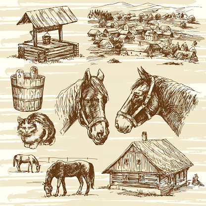 Set of horses and romantic rural house and landscape. hand drawn set