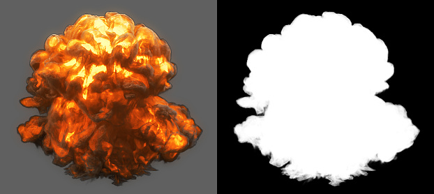 Top view explosion with with smoke coming at cam.  Ideal for compose with another image. Clipping path and alpha channel included.