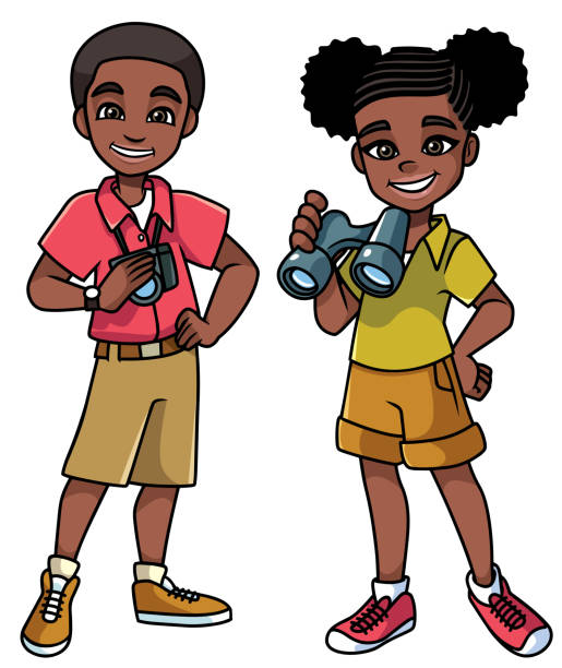 ilustraciones, imágenes clip art, dibujos animados e iconos de stock de aventuras kids black - discovery binoculars boy scout searching