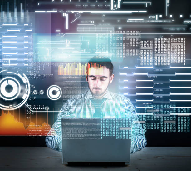 istock Businessman working on laptop at home.Futuristic user interface. 1056853366