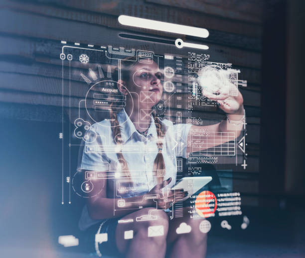 istock Young woman using tablet and infograph screen at home.Futuristic user interface. 1056853404