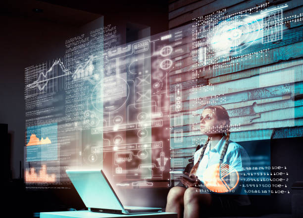 istock Young woman using tablet and infograph screen at home.Futuristic user interface. 1056853550
