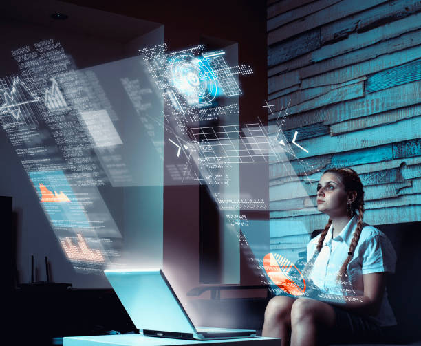 istock Young woman using tablet and infograph screen at home.Futuristic user interface. 1056853694