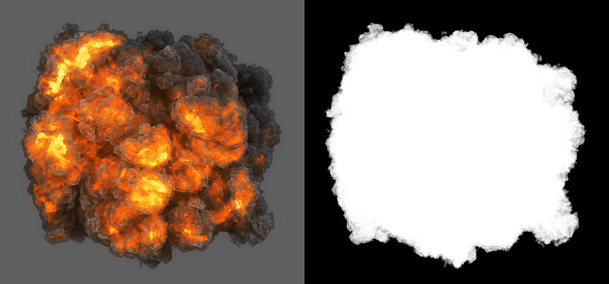 Top view explosion with with smoke coming at cam.  Ideal for compose with another image. Clipping path and alpha channel included.