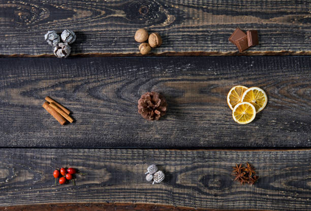 istock Beautiful Christmas composition on dark wooden background. Flat lay, top view 1056862056